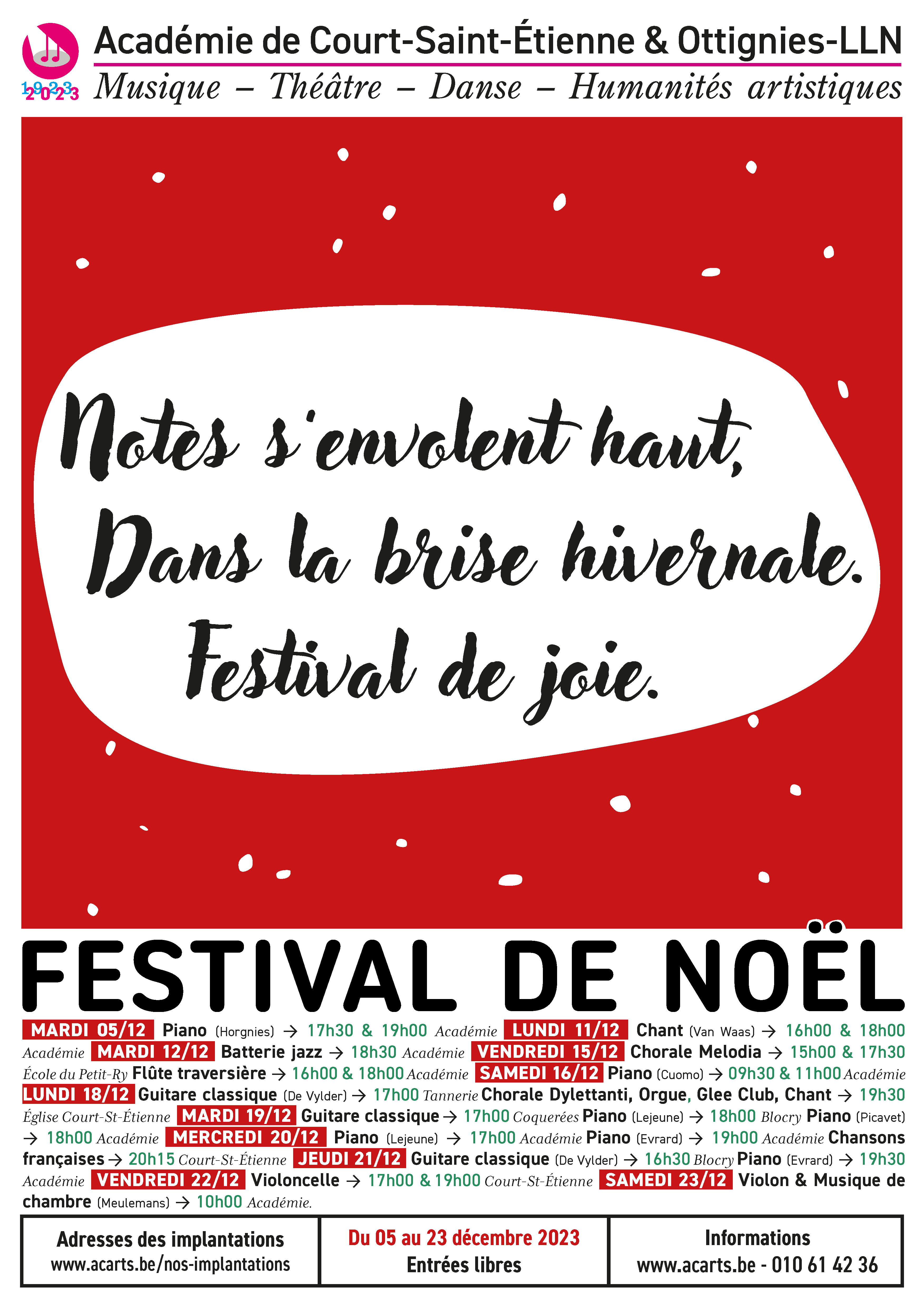Affiche rouge pour le 'Festival de Noël' annonçant divers concerts et représentations par l'Académie de Court-Saint-Étienne & Ottignies-LLN du 5 au 23 décembre 2023, détails des dates et des performances listées, entrée libre.