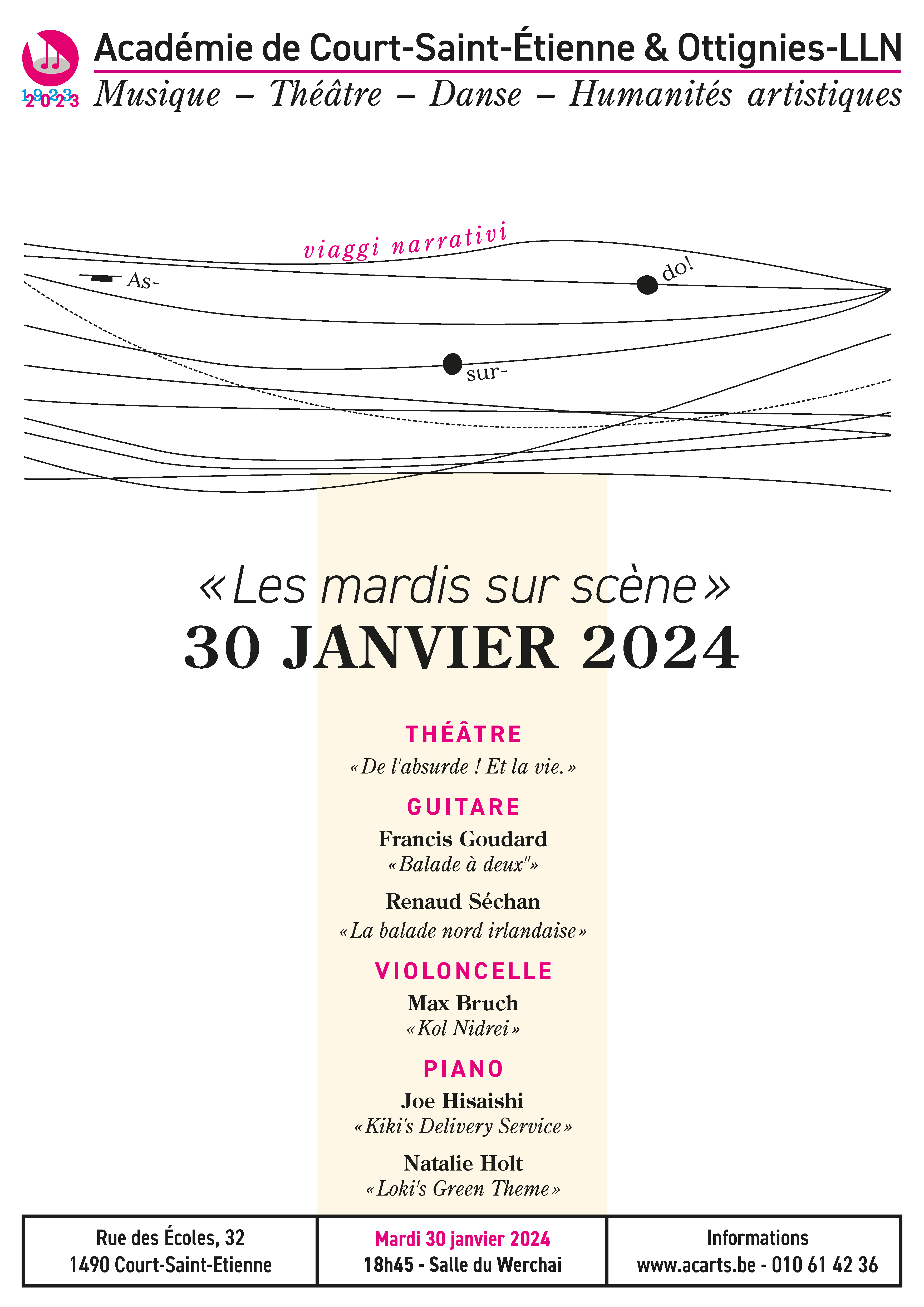 Affiche 'Les mardis sur scène' du 30 janvier 2024 de l'Académie de Court-Saint-Étienne & Ottignies-LLN, présentant des lignes de musique avec des notes indiquant des spectacles de théâtre et de musique, détails des performances et informations de contact en bas.