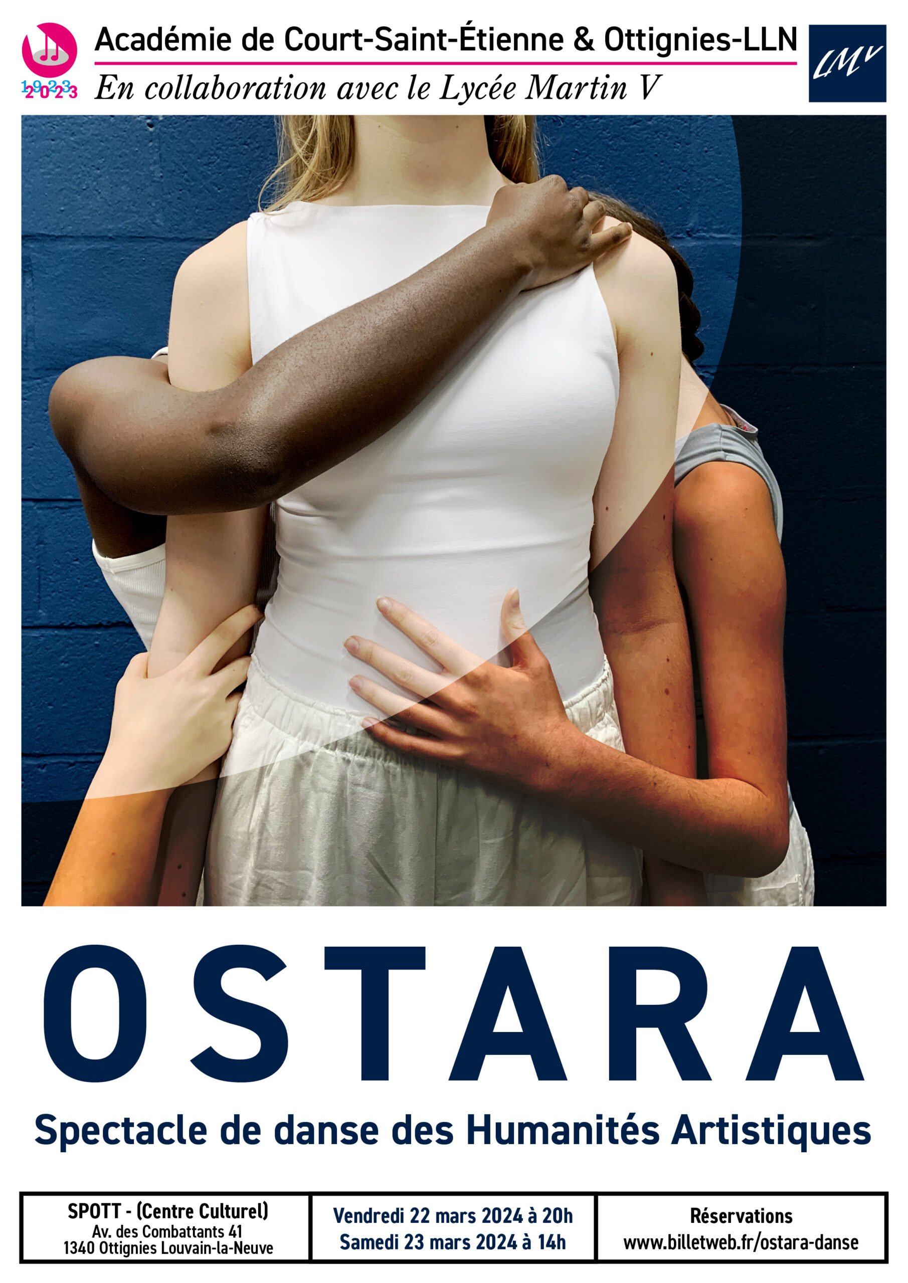 Affiche pour le spectacle de danse 'OSTARA' des Humanités Artistiques en collaboration avec le Lycée Martin V, montrant des danseurs en étroite posture, prévu pour le 22 et 23 mars 2024 au SPOTT, Centre Culturel à Ottignies Louvain-la-Neuve.