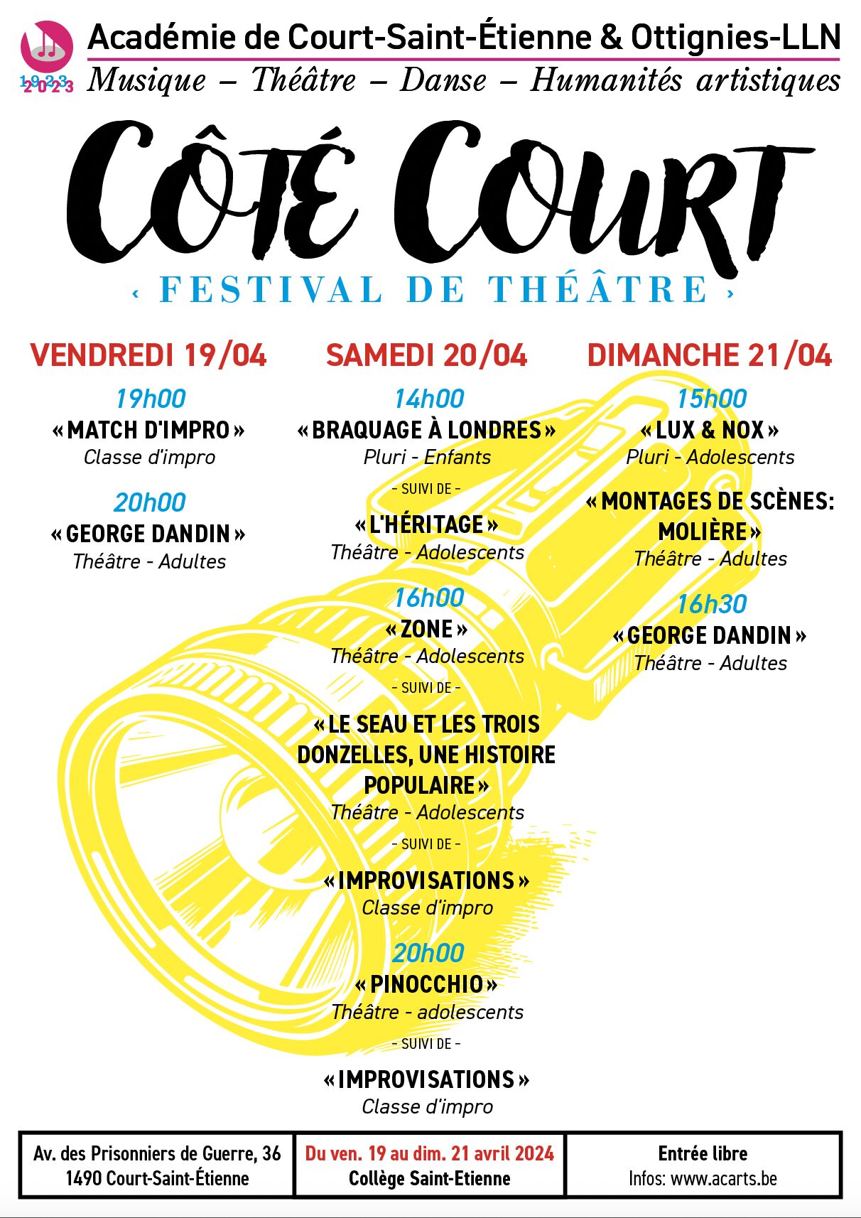 Affiche du festival de théâtre "Coté Court" du vendredi 19 au dimanche 21 avril 2024