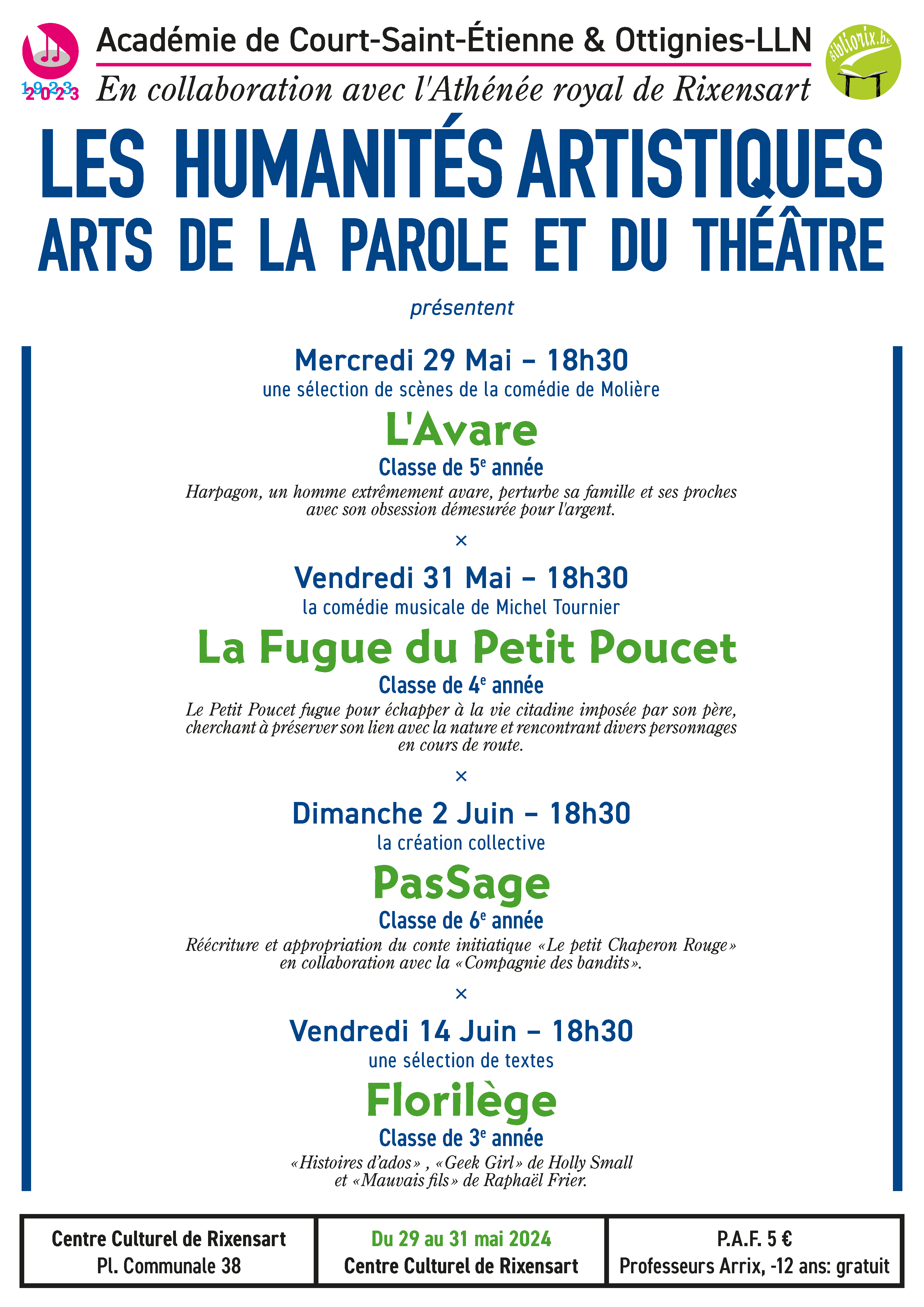 affiche des spectacles humanités théâtre Athénée royal de Rixensart