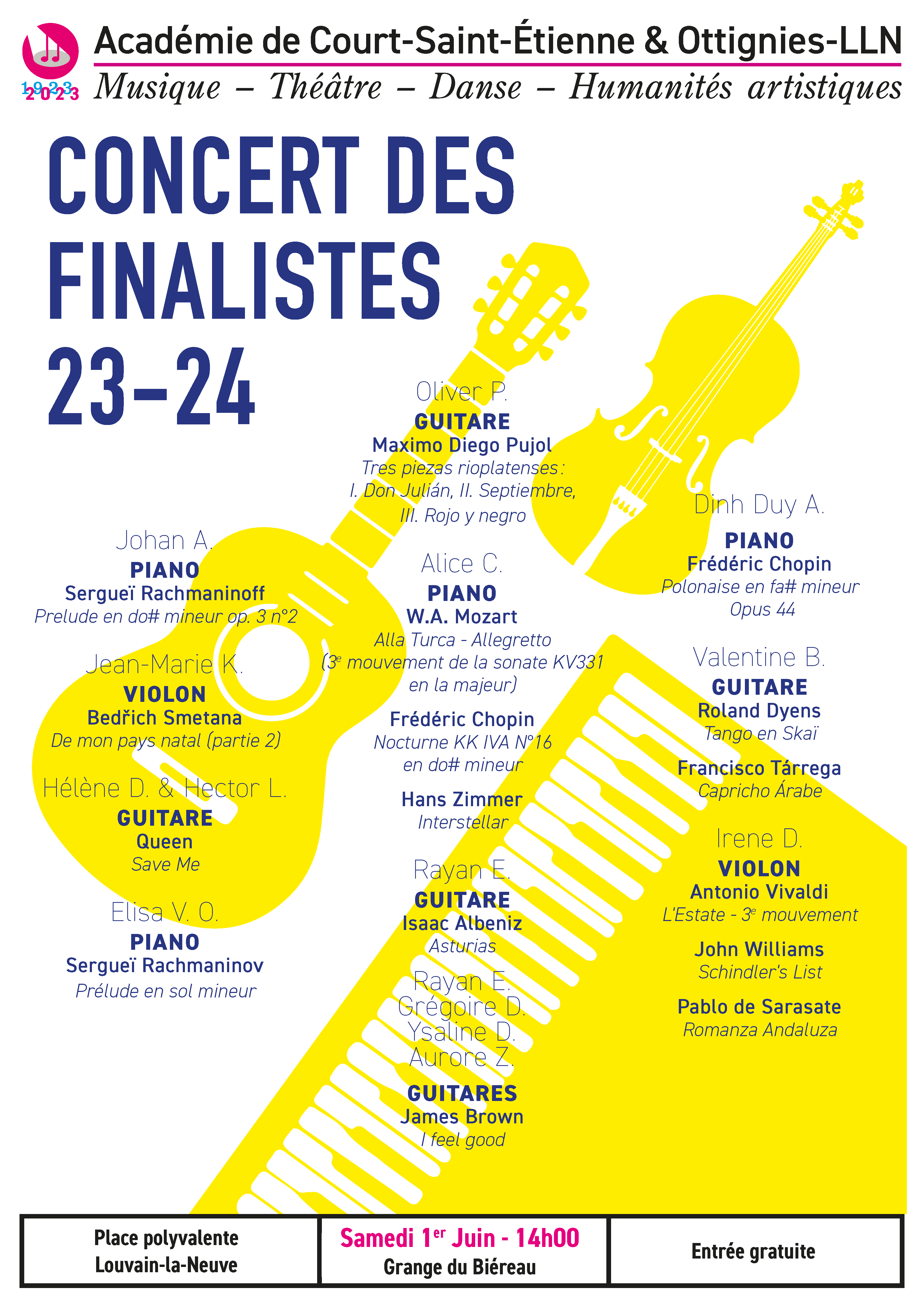 Affiche du concert des finalistes le Samedi 1er Juin - 14h00 à la Grange du Biéreau (LLN)
