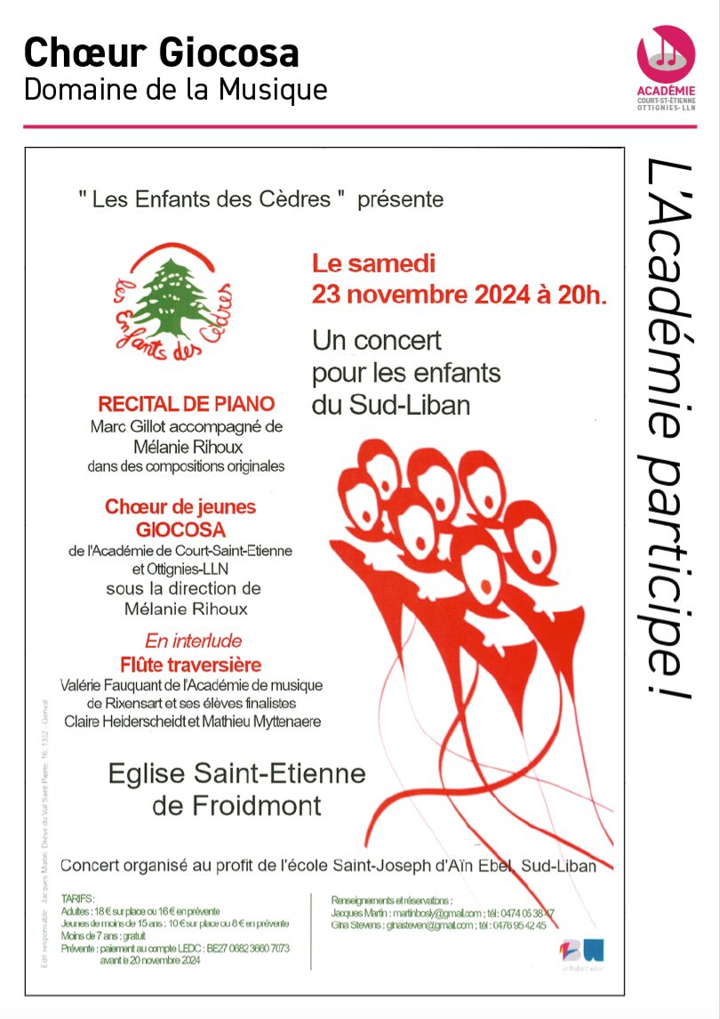 Affiche de concert pour 'Les Enfants des Cèdres' avec récital de piano, chœur des jeunes Giocosa, et interlude de flûte. Événement le 23 novembre 2024 à l'Église Saint-Étienne de Froidmont, au profit de l'école Saint-Joseph au Sud-Liban.