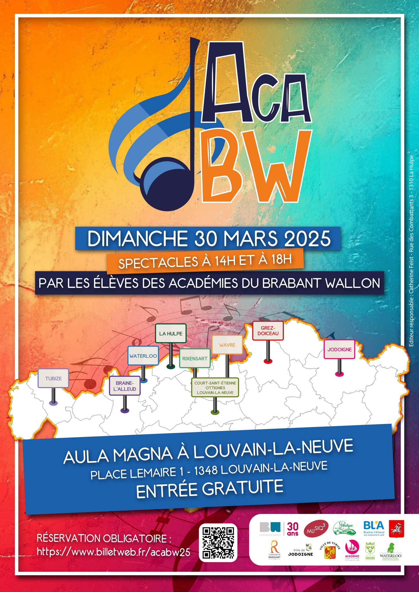 Affiche du spectacle ACA BW 2025 - Concerts des académies du Brabant Wallon le 30 mars 2025 à l'Aula Magna de Louvain-la-Neuve. Entrée gratuite, réservation obligatoire sur billetweb.fr/acabw25