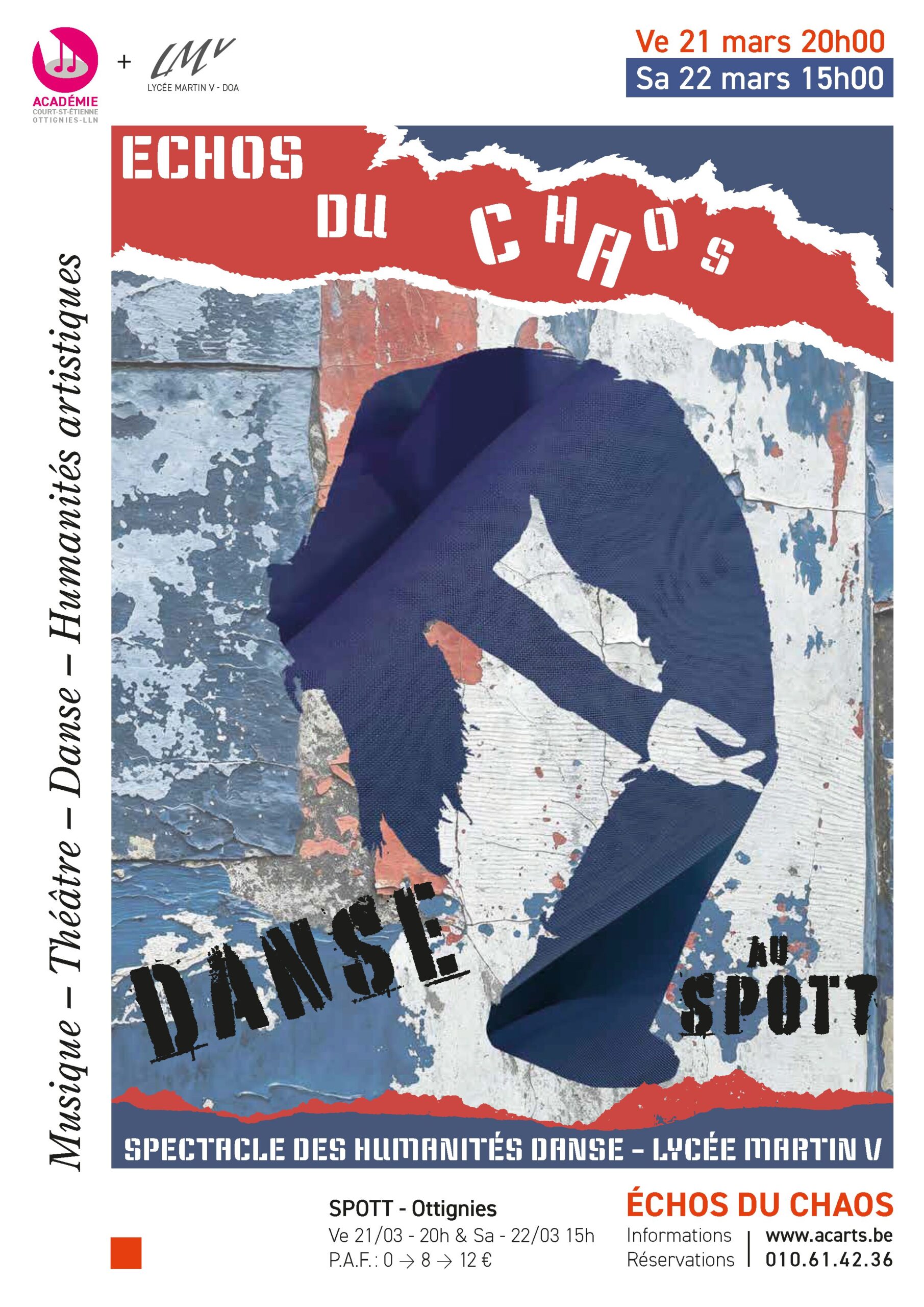 Affiche du spectacle 'Échos du Chaos' – Spectacle des Humanités Artistiques Danse, organisé par l’Académie en collaboration avec le Lycée Martin V. 21 et 22 mars au SPOTT