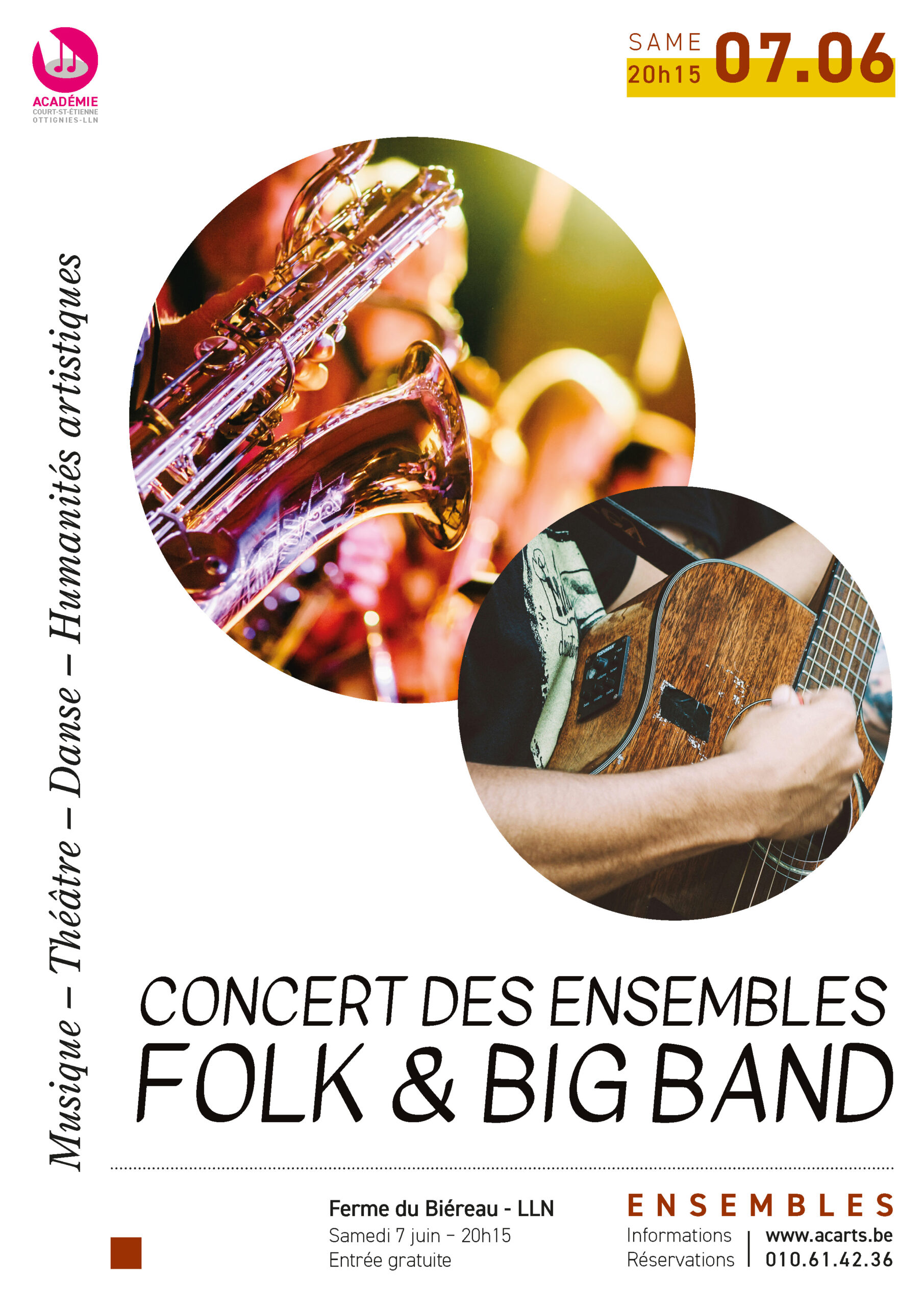 Affiche du concert des ensembles Folk & Big Band, le samedi 7 juin à 20h15 à la Ferme du Biéreau à Louvain-la-Neuve. Organisé par l'Académie intercommunale de Court-Saint-Étienne et Ottignies-LLN. Entrée gratuite.